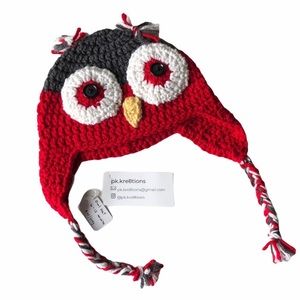 Handmade Crochet Owl Hat Red Gray